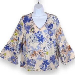 NANETTE LEPORE Floral V-Neck Ruffle Sleeve Top size M